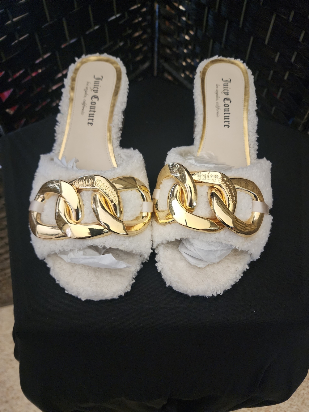 Juicy Couture White Faux Shearling Slide Mules with Gold Chain Accent.  (B1)